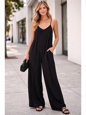 Illa Ila Wide-Leg Adjustable Strap Jumpsuit Women’s Side Pockets Black Medium